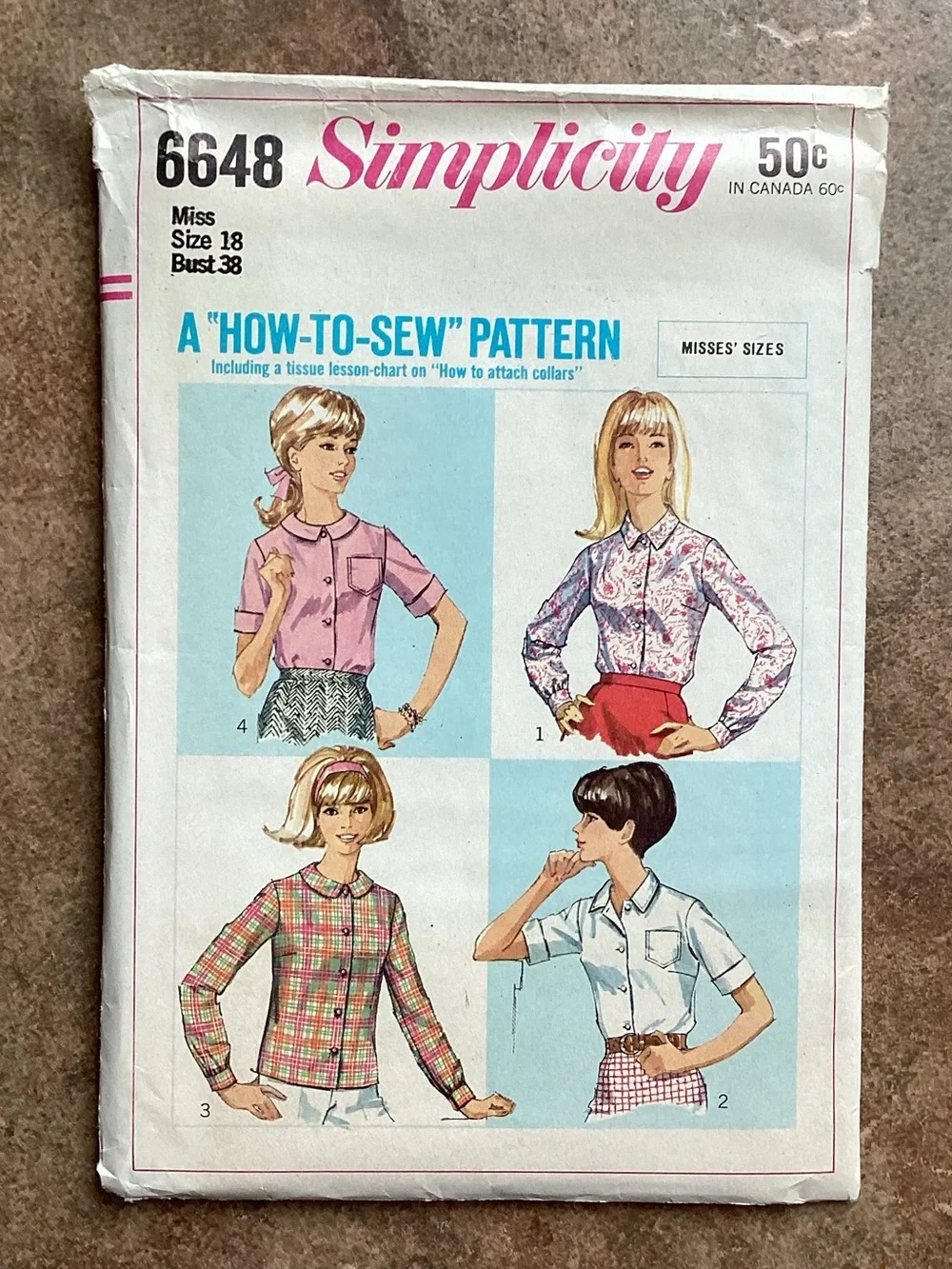 Vintage 1966 Simplicity 6648 Sewing Pattern Misses' Set of Blouses Tops, 60s